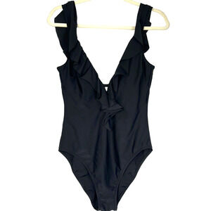 Allen B Black One Piece Swimsuit Plunge Ruffle Neckline Size 12 Large